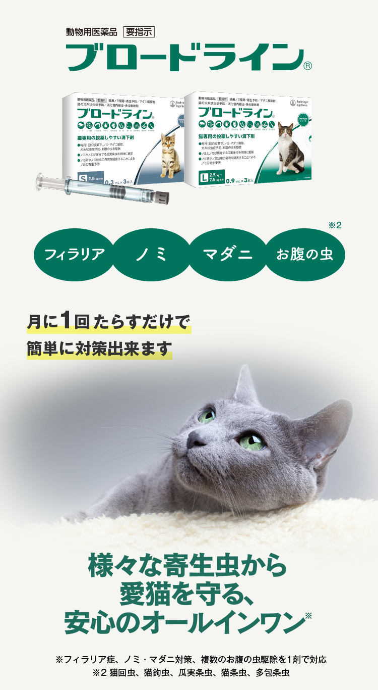 ブロードライン【猫専用】フィラリア症予防・ノミ・マダニ、お腹の虫の 